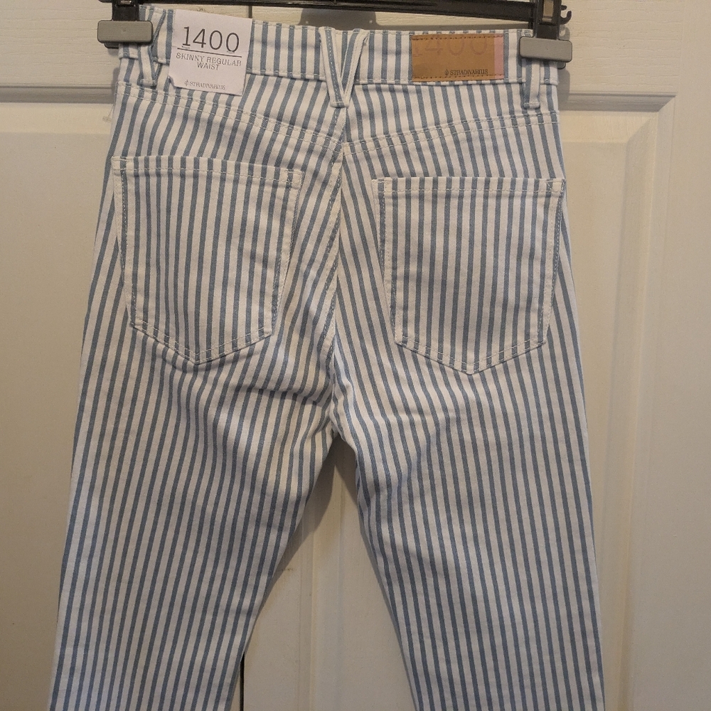 Stradivarius 1400 Mid Rise skinny jeans White Blue Stripes New! - Picture 12 of 13